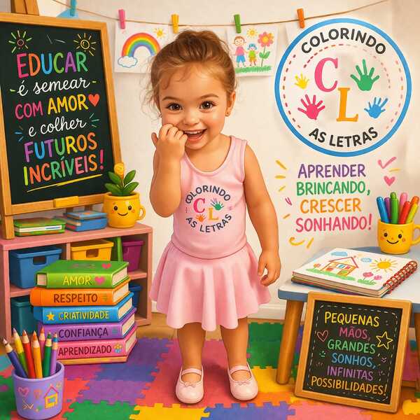 crianca-pequena Uma criança pequena, sorridente e em pé, usando um vestido rosa curto e sapatilhas rosas. Ela está no centro de uma de sala de aula de educação infantil muito colorida e vibrante. O logotipo "Colorindo As Letras", com duas mãos estampadas, está em um banner circular no canto superior direito e estampada no peito de sua roupa.